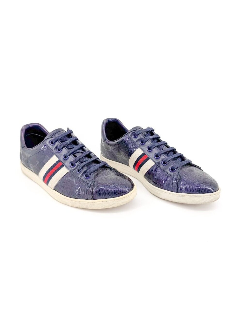 Gucci Low Top Sneakers EU 37 US 7 Navy Blue GG Monogram Impreme Logo Ace Shoe